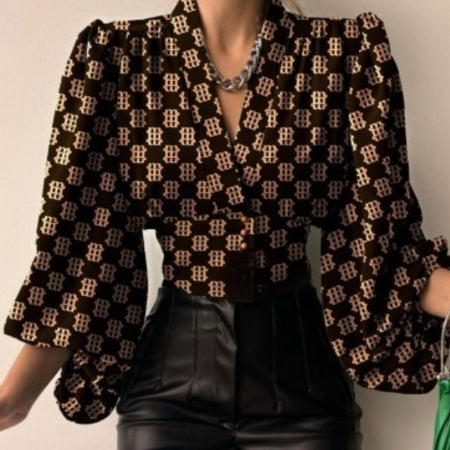 Elegant Buttoned V-Neck Puff Sleeve Top Shirt For Women