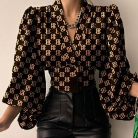 Elegant Buttoned V-Neck Puff Sleeve Top Shirt For Women