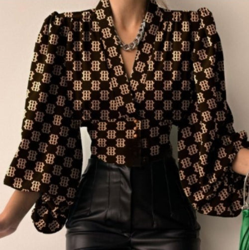 Load image into Gallery viewer, Elegant Buttoned V-Neck Puff Sleeve Top Shirt For Women
